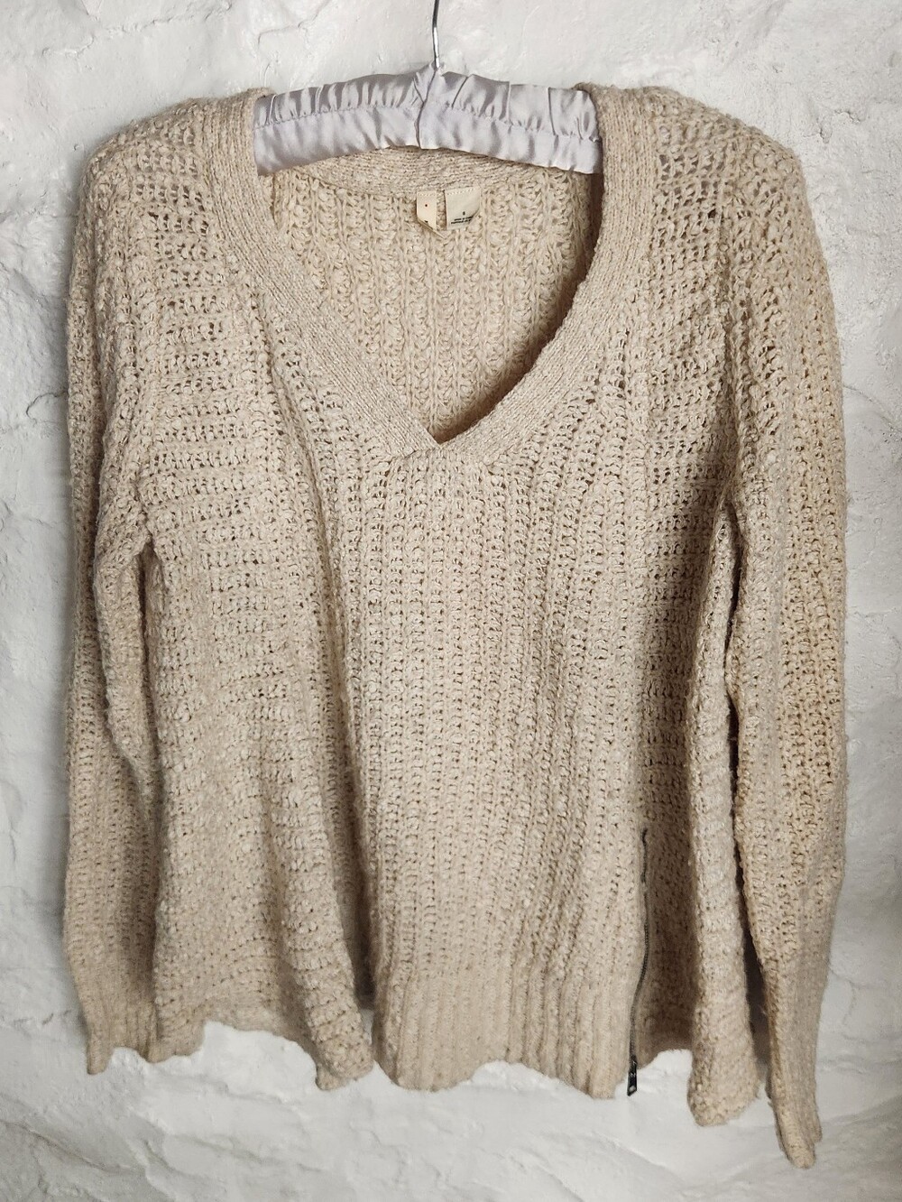 Anthropologie Moth Cotton Wool Chunky Open Knit Side Zip V-Neck Sweater Cream S